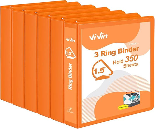 ViVin Sturdy 1.5 Inch 3 Ring Binder with Pockets, Slant-D Ring, PVC-Free, Customizable Clear View Binder,Holds 350 Sheets of 8.5" x 11" Paper,6 Pack (Orange)