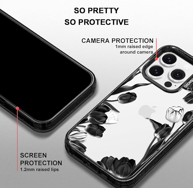 MOSNOVO Case for iPhone 14 Pro, [10ft 4X Military-Grade Drop Protection] Durable & Shockproof Phone Case Cover Design for iPhone 14 Pro - Black White Tulips - Clear Black