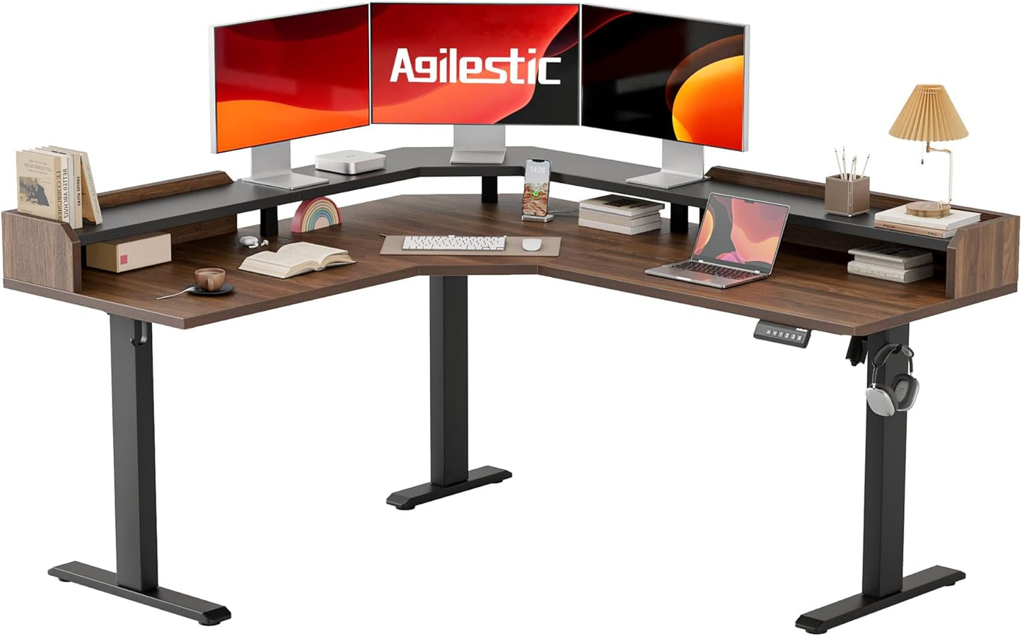 Agilestic L Shaped Standing Desk, Adjustable Height Corner Gaming Desk with Shelf, Sit Stand Up Desk, 63 x 55 Inch Home Office Computer Table, Dark Walnut