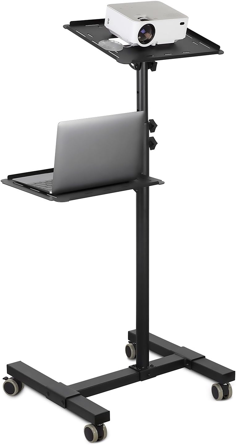 Mount-It! Mobile Projector and Laptop Stand (2 Shelves), Rolling Cart with Ventilated Tray, Heavy Duty, Height Adjustable Laptop and Projector Presentation Trolley, Black