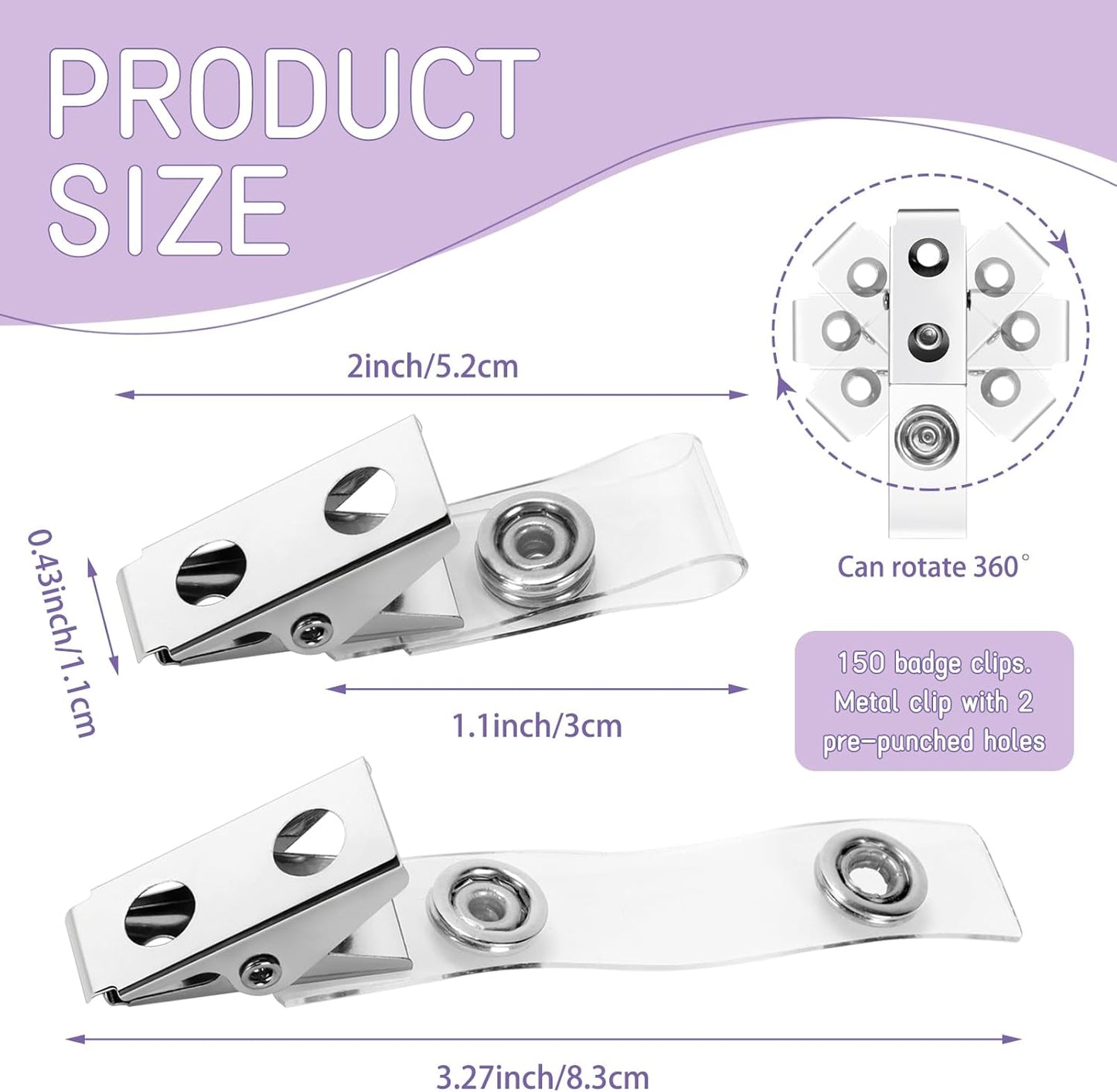 150Pcs Premium Metal Badge Clips with Clear PCV Straps, for ID Cards, Badge Holders, Name Tags, Work Badges