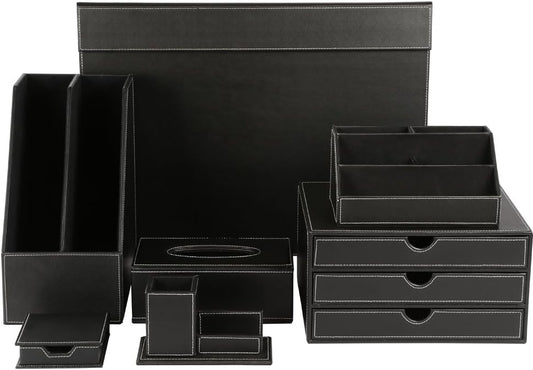 KINGFOM 7-Piece Desk Organizer Set for Home & Office, Includes File Holder, Tissue Box Cover, Desk Pad, Note Paper Holder, Pen Holder, Black