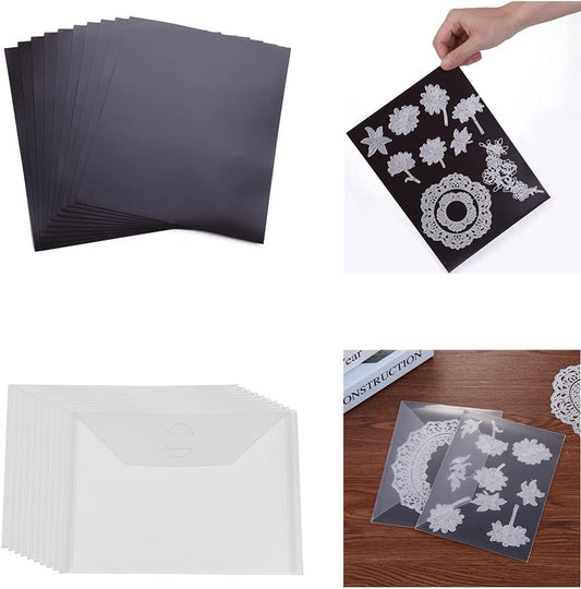 10 Pack Sturdy Clear Plastic Envelope Storage Pockets & 10Pack Rubber Soft Magnet Sheet for Cutting Dies Stencil Crafting Die Cuts Stamps Storage Sets Great for Stamper Crafter Porjects 0.5mm