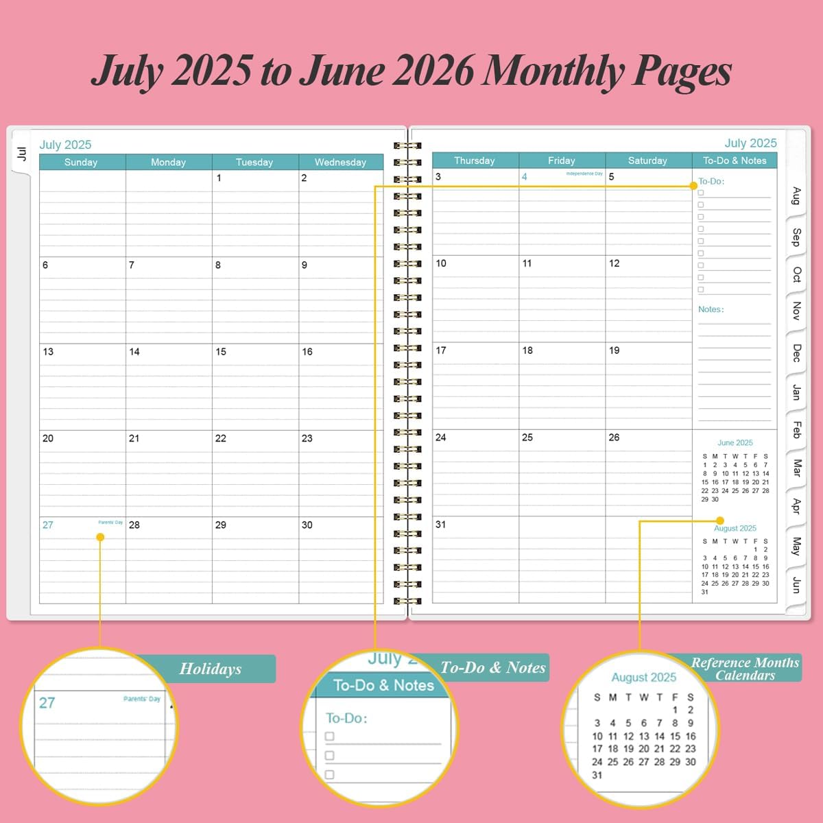 2025-2026 Planner - Academic Planner 2025-2026 from July 2025 to June 2026 with 12 Monthly Tabs, Flexible Cover, Inner Pocket, 8.5" x 11", Pink