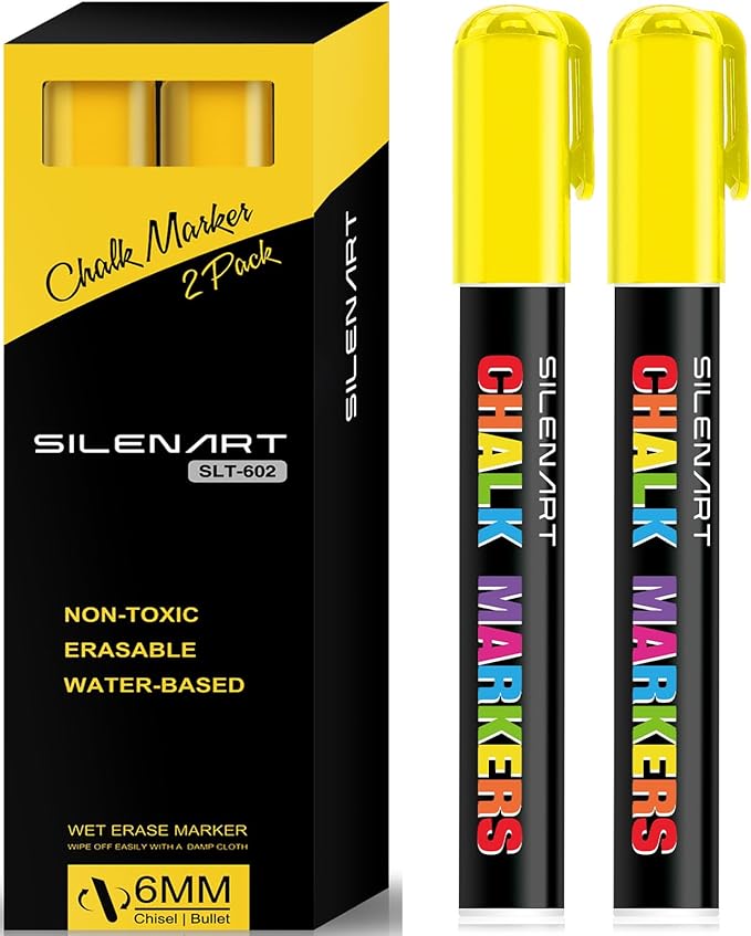 SILENART Yellow Chalk Markers 2 Pack - Yellow Dry Erase Markers Pen - Liquid Chalk Markers for Chalkboard, Window, Glass, Mirror, Blackboard - 3-6mm Reversible Tip