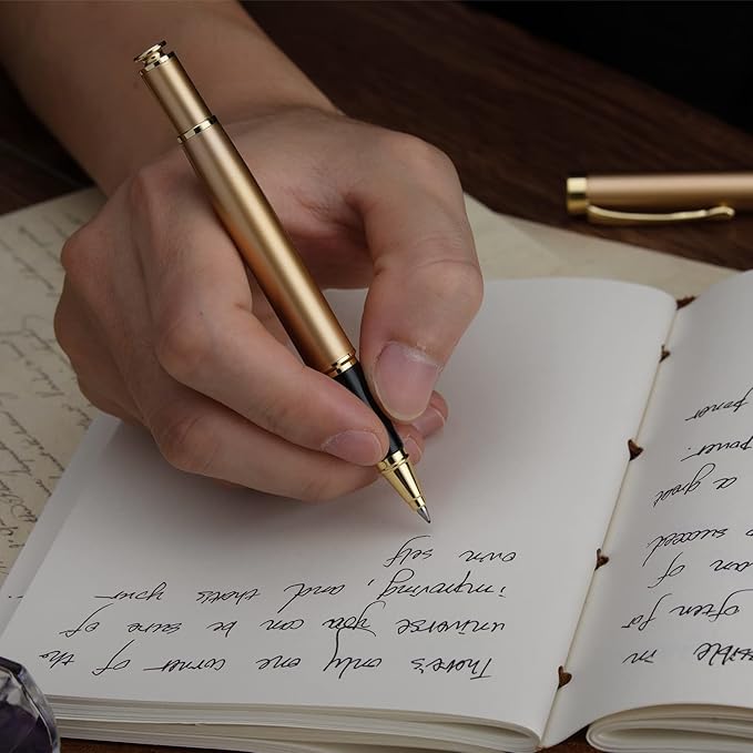 BEILUNER Ballpoint Pens, Stainless Steel with Chrome Trim, Luxury Golden Metal Pen Set, Best Ball Pen Gift Set for Men & Women, Professional, Executive, Office, Fancy Pens-Nice Box with Extra Refill