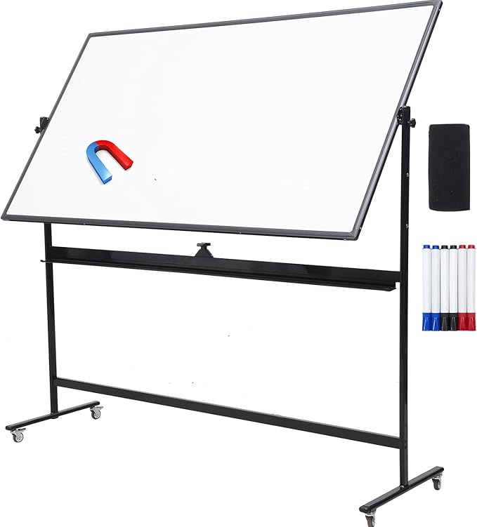 72" x 48" Double-Sided Mobile Whiteboard with Stand, Extra Large Rolling Magnetic Dry Erase Board, Reversible Black Frame Whiteboard for Office, Classroom, Heavy-Duty Presentation Easel