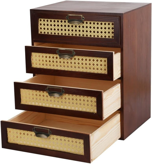 Large Wooden Storage Box Wooden Box with Drawers Apothecary Cabinet Large Desk Organizer with Drawers Rattan Storage Cabinet (LARGE BROWN)