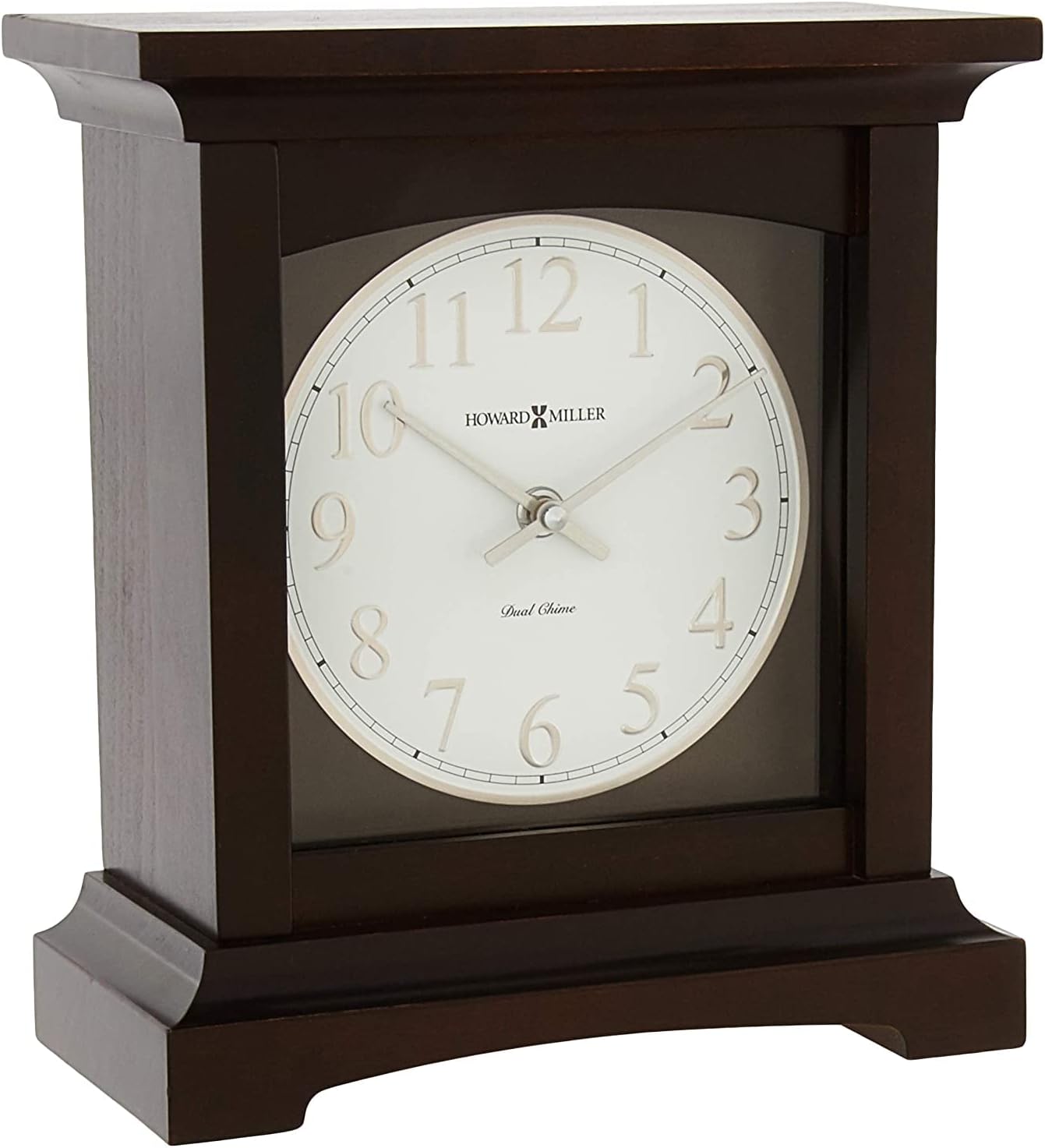 Howard Miller Urban II Mantel Clock, White Analog Clock Arabic Numerals Dual-Chime Movement, Top Flat Pediment Black Finish Durable Square Frame, Idle Alarm Clock for Home Decor, Bedroom & Office
