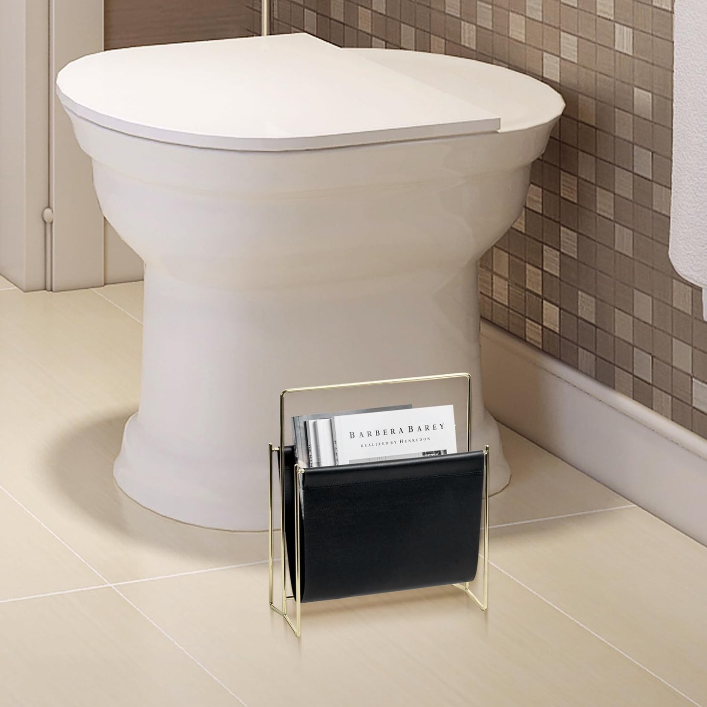 MyGift 13 Inch Modern Black Leatherette Magazine Holder Floor Standing Sling Style Rack with Gold Tone Metal Frame