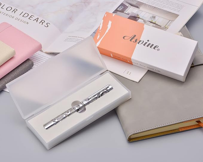 Asvine V169 Vacuum Filling Fountain Pen Extra Fine Nib, Water Drop Skeleton Transparent Clear Acrylic Pen Case Set