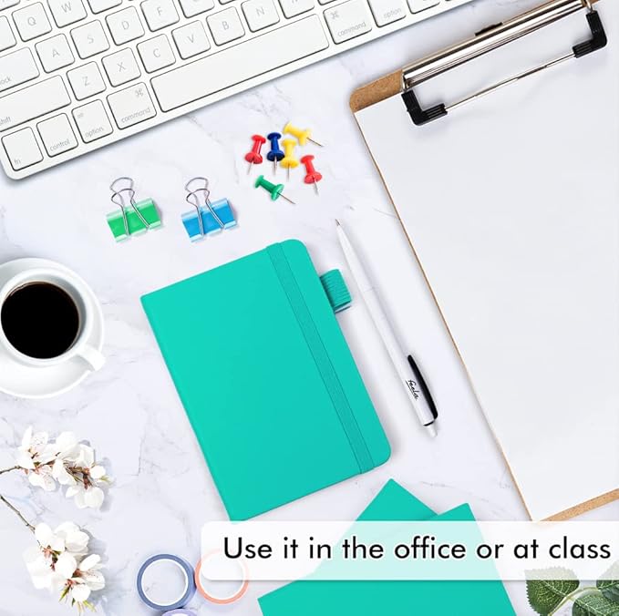 feela 6 Pack Pocket Small Notebooks Bulk, Mini Cute Memo Notepads Hardcover College Ruled Lined Journals with Pen Holder for Women Girls Office School, with 6 Black Pens, 3.5”x 5.5”, A6, Aqua