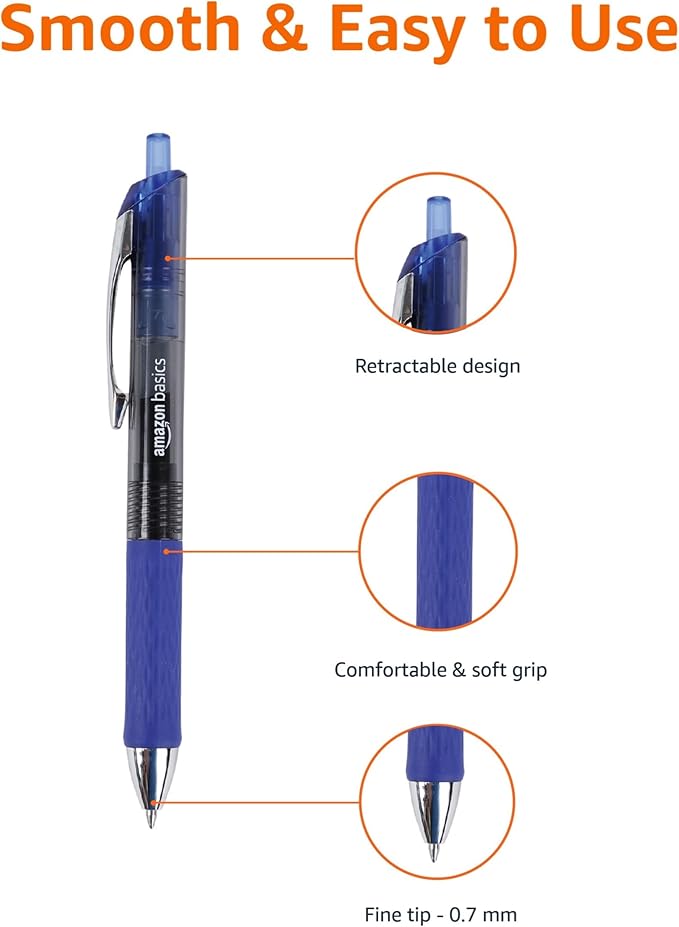 Amazon Basics Gel Pens Fine Point Smooth Writing Pens, Retractable, Blue, 0.7mm, 12 Pack