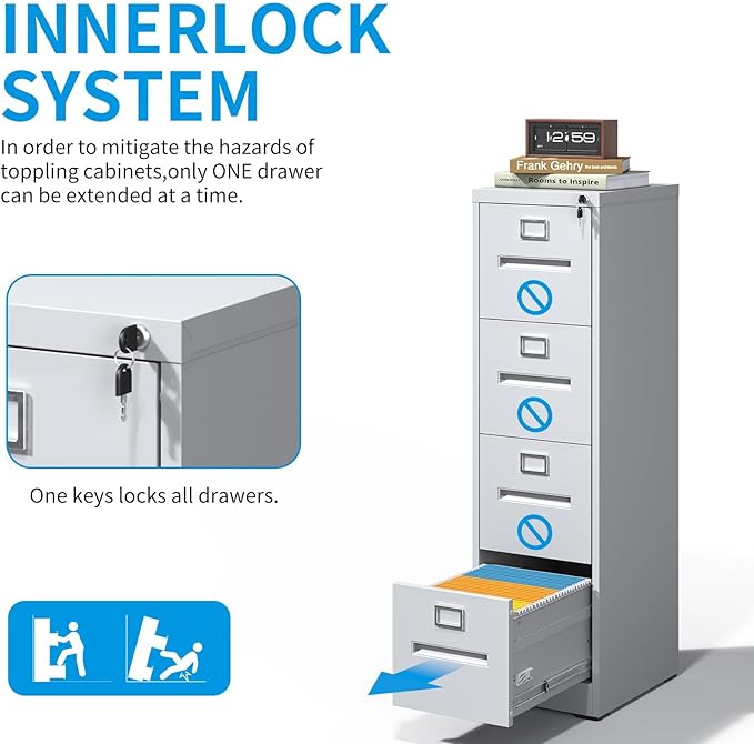 4 Drawer File Cabinet with Lock, Metal Vertical Filing Storage Cabinet for Home Office, Steel Vertical File Cabinets for A4 Legal/Letter Folders,Silent Sliding Drawers, Assembly Required (White)