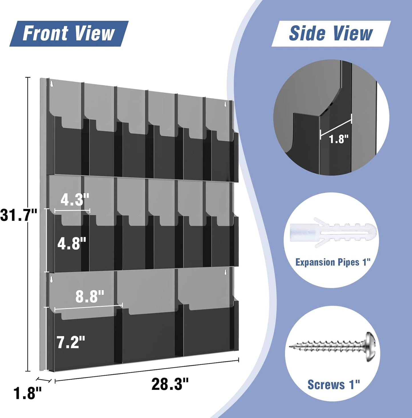 Acrylic Brochure Pamphlet Holder, 3 Magazine Holders and 12 Pamphlet Holders, Black Display Rack Wall Mount, Trifold Flyer Holder, Literature Storage Rack for Home, Offices, Waiting Room