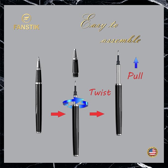 Black & Silver Luxury Rollerball pen (Made In USA) fancy gift set for women, Real 24K Gold Plating, Professional executive pen gift set for men (Lux Rollerball Black-Silver)