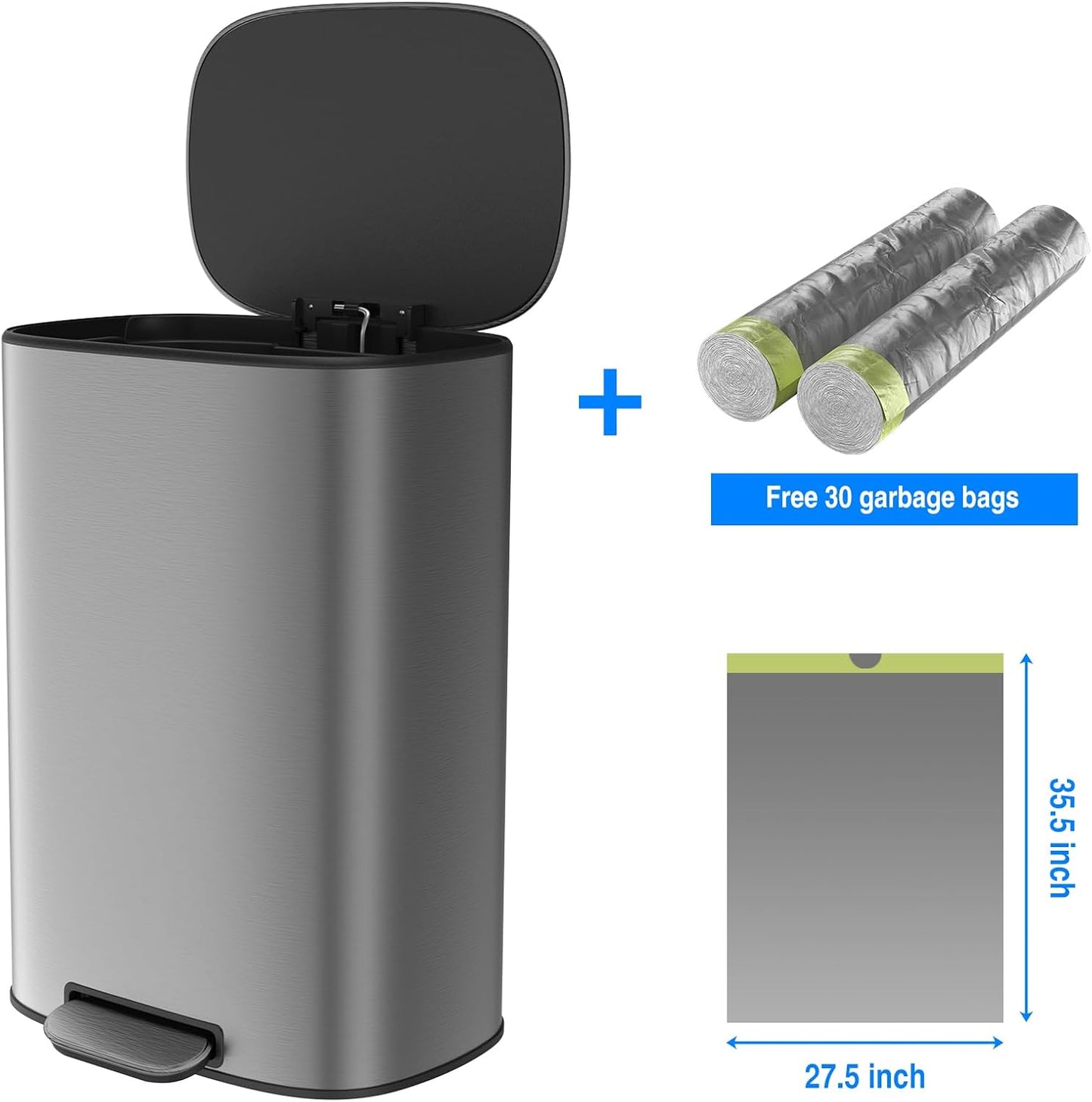 13 Gallon Stainless Steel Foot Pedal Large Trash Can with Soft Close Quiet Lid, Stainless Steel Thickened Body Oval Garbage Can with 30 Garbage Bags for Kitchen/Home/Office and More - Silver Gray