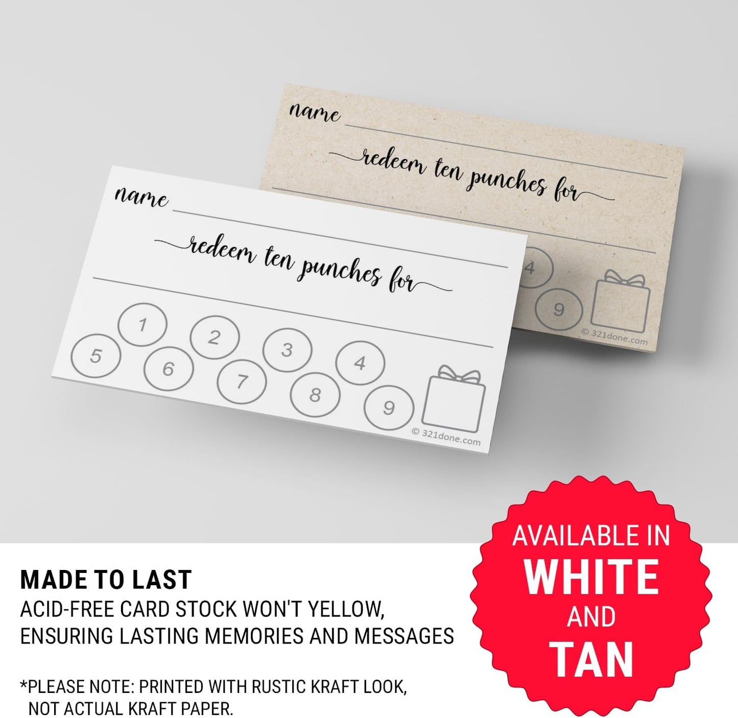 321Done Loyalty Punch Cards, Made in USA - 3.5x2 Customer Reward Card, Redeem 10 Punches or Visit for Prize, Kraft Tan - Set of 50