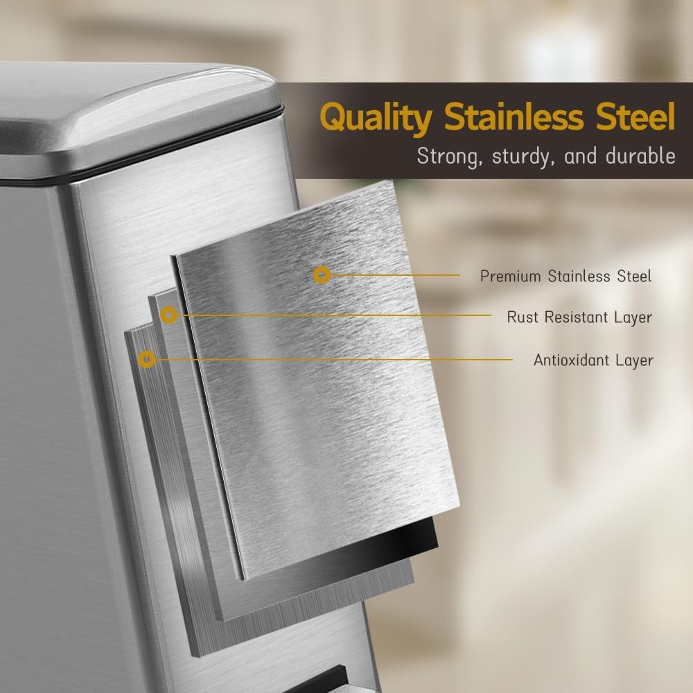 Bathroom Trash Can, 10L/2.6 Gallon Stainless Steel Step Slim Garbage Can, Pedal Trash Bin with Removable Liner Bucket, Soft Close Lid, Rectangle Trash Bin for Office, Kitchen, Bedroom