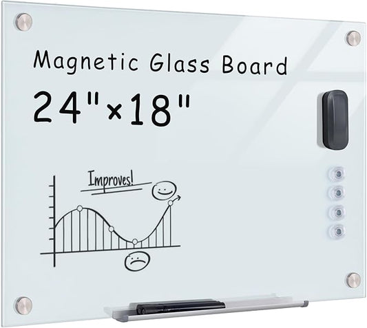 Magnetic Glass Whiteboard，24"x18" Wall Mounted Frameless Dry Erase Board for Office, Home & School White