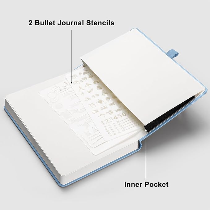 RETTACY Bullet Dotted Journal Notebook, 192 Pages, A5 Medium Size (5.7'' x 8.3''), Leather Hardcover, 100 GSM Thick Paper, for Bullet Journaling, Planning, Tracking (Light Blue)