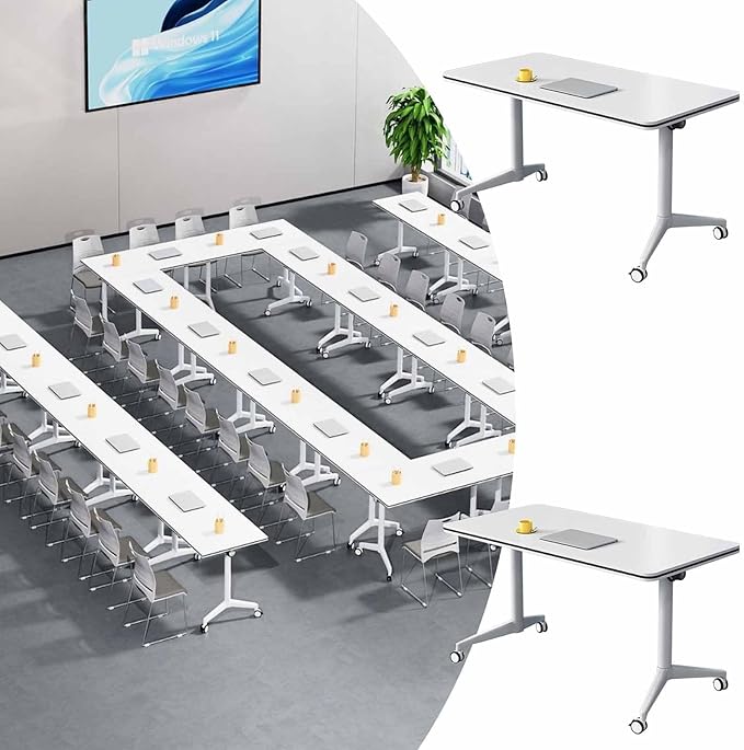 Folding Conference Room Table, Modern Mobile Training Table with Wheels, White Foldable Seminar Meeting Tables for Office Corporations (2pack 55.1in)