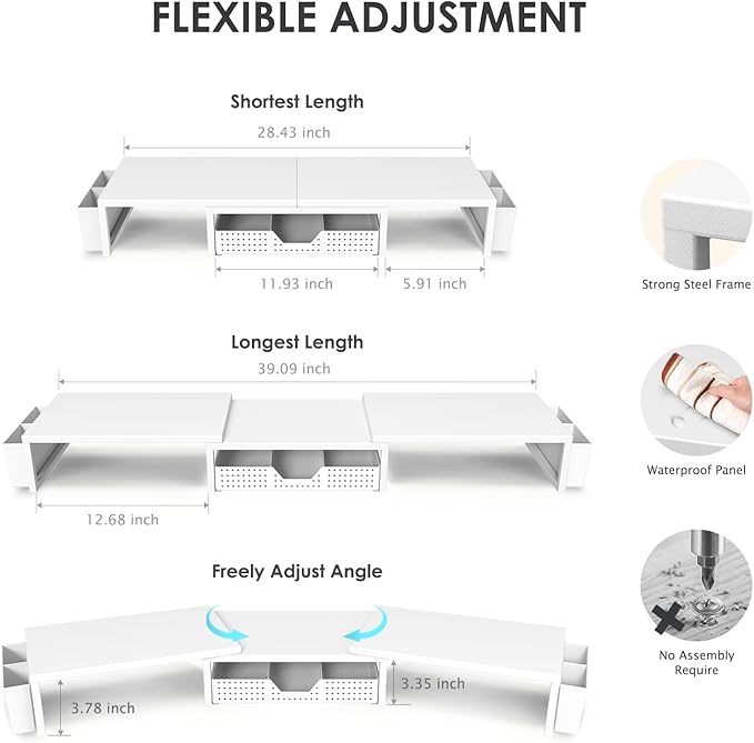 White Dual Monitor Stand Riser, Metal Desk Organizers and Accessories with Drawer and 2 Pen Holders, Computer Monitor Stand for Desk