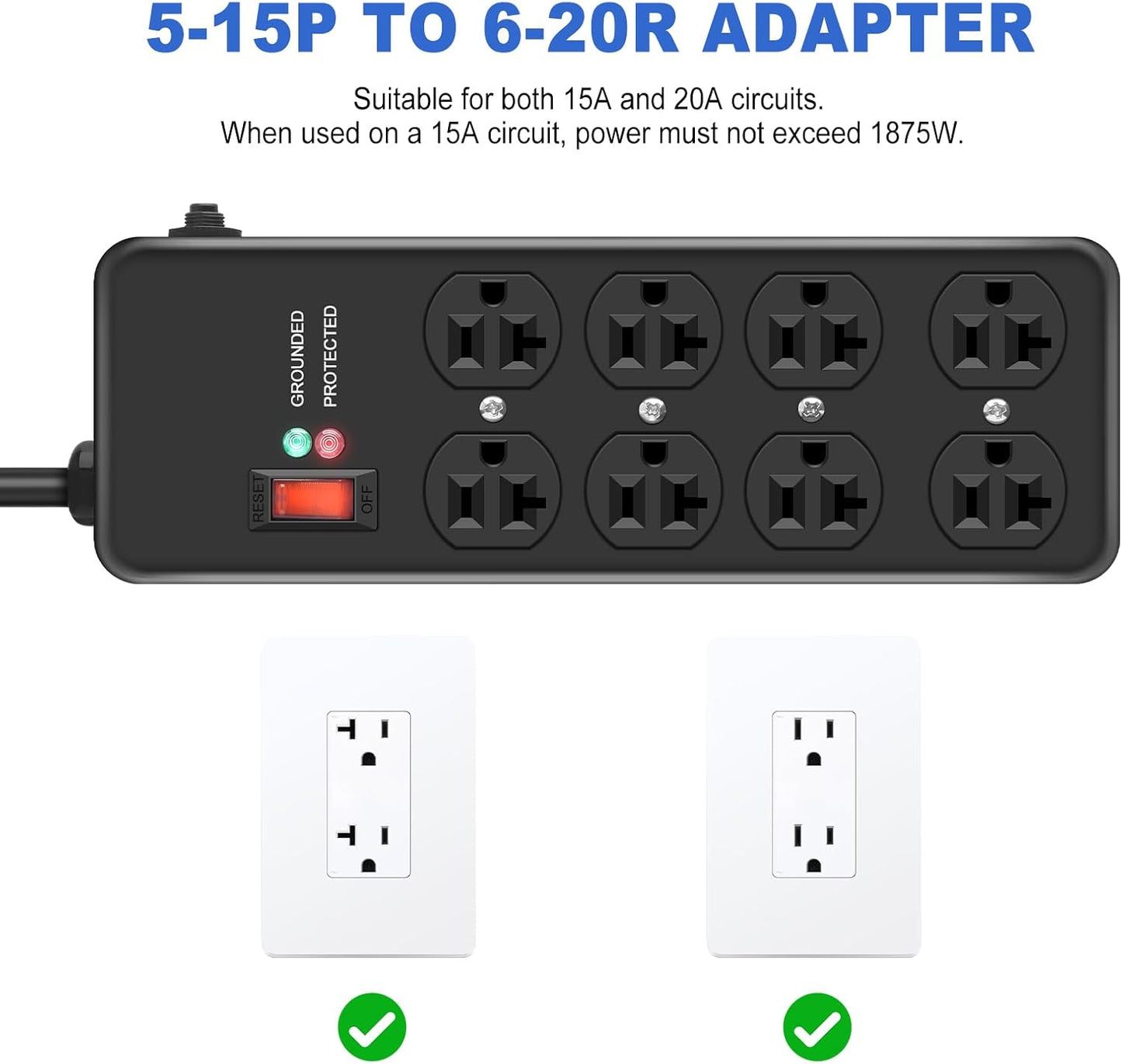 20Amp Power Strip Surge Protector, Durable Metal 8-Outlet with Heavy Duty 20 Amp 6Ft 12 Gauge Extension Cord, for Garage, Workshop & Industrial Use with 6-20R T-Slot Outlets, 4800J