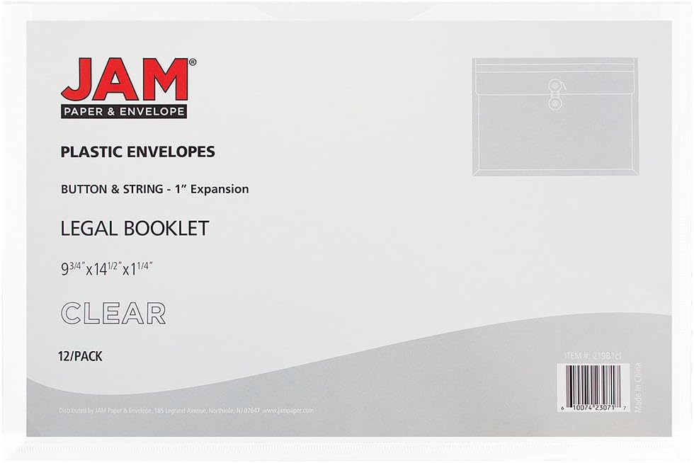 JAM PAPER Plastic Envelopes with Button & String Tie Closure - Legal Booklet - 9 3/4 x 14 1/2 - Clear - 12/Pack