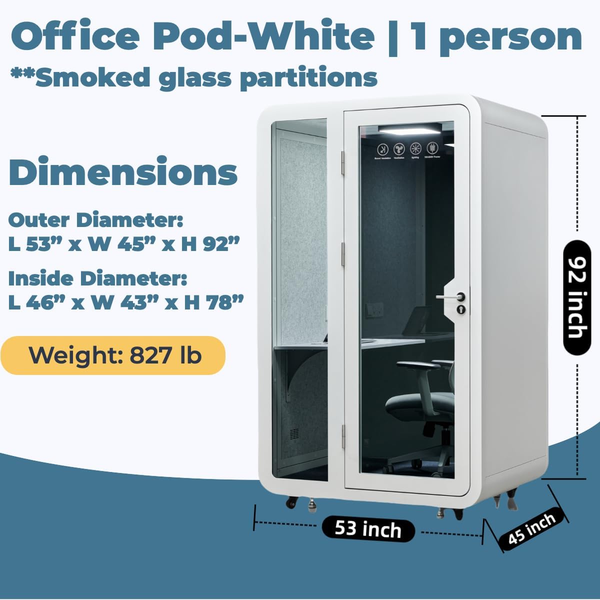 Solo Office Pod, Sound Pod, Mobile Office Pod Booth, SoundProof Booth for Office, Privacy pod, Mobile Roller with Desk, LED Light, Centrifugal Fans and AC USB Ports - White/Smoked Glass