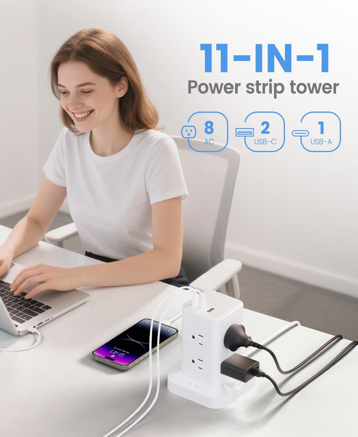 11-in-1 Power Strip Tower with Surge Protector 1800J, Fast Charging Tower PD20W USB-C Ports with 8 AC Outlets, 5ft Extension Cord for Home Office Dorm Room, White