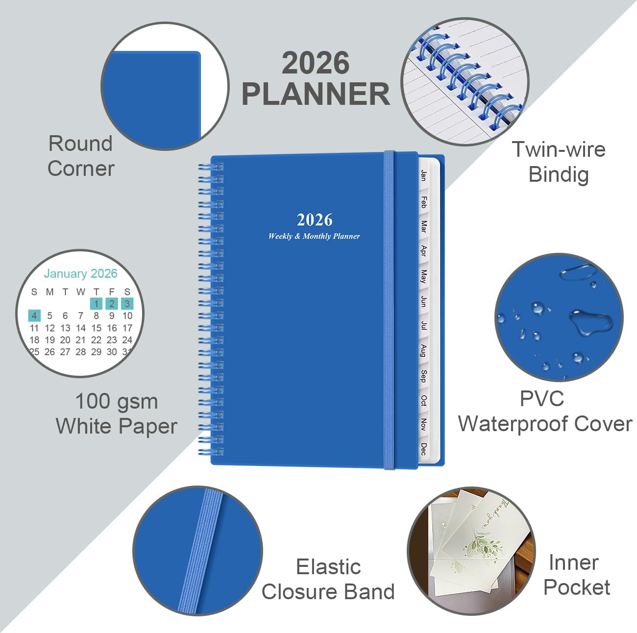 2026 Planner - Planner 2026 from January 2026 - December 2026, Weekly & Monthly Planner Spiral Bound with 12 Monthly Tabs, Inner Pocket, 6.4" x 8.5", Blue