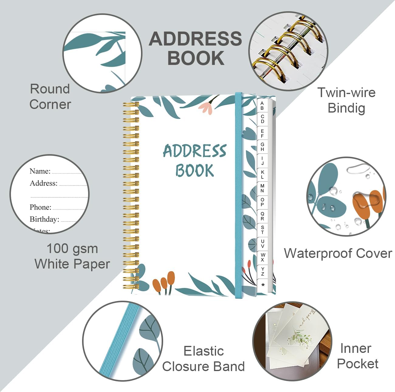Address Book with Alphabetical Tabs - Small Address Book Spiral with Address Contacts, Special Date, Phone, Birthday & Internet Login Password for Home and Office, 4.3" x 6.2", Teal Leaf