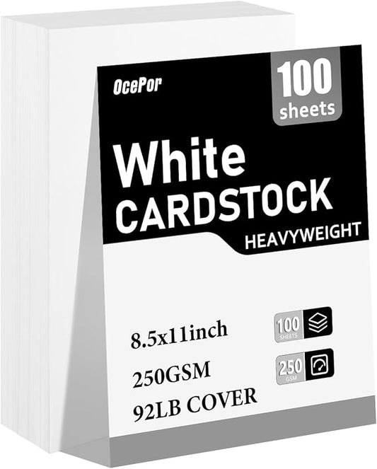OcePor 100 Sheets White Cardstock 8.5 x 11, 92lb/250gsm Card Stock Paper, Thick Printer Cardboard Paper, Heavy Cardstock for Invitation, Resume, Certificate, Business Cards, Office