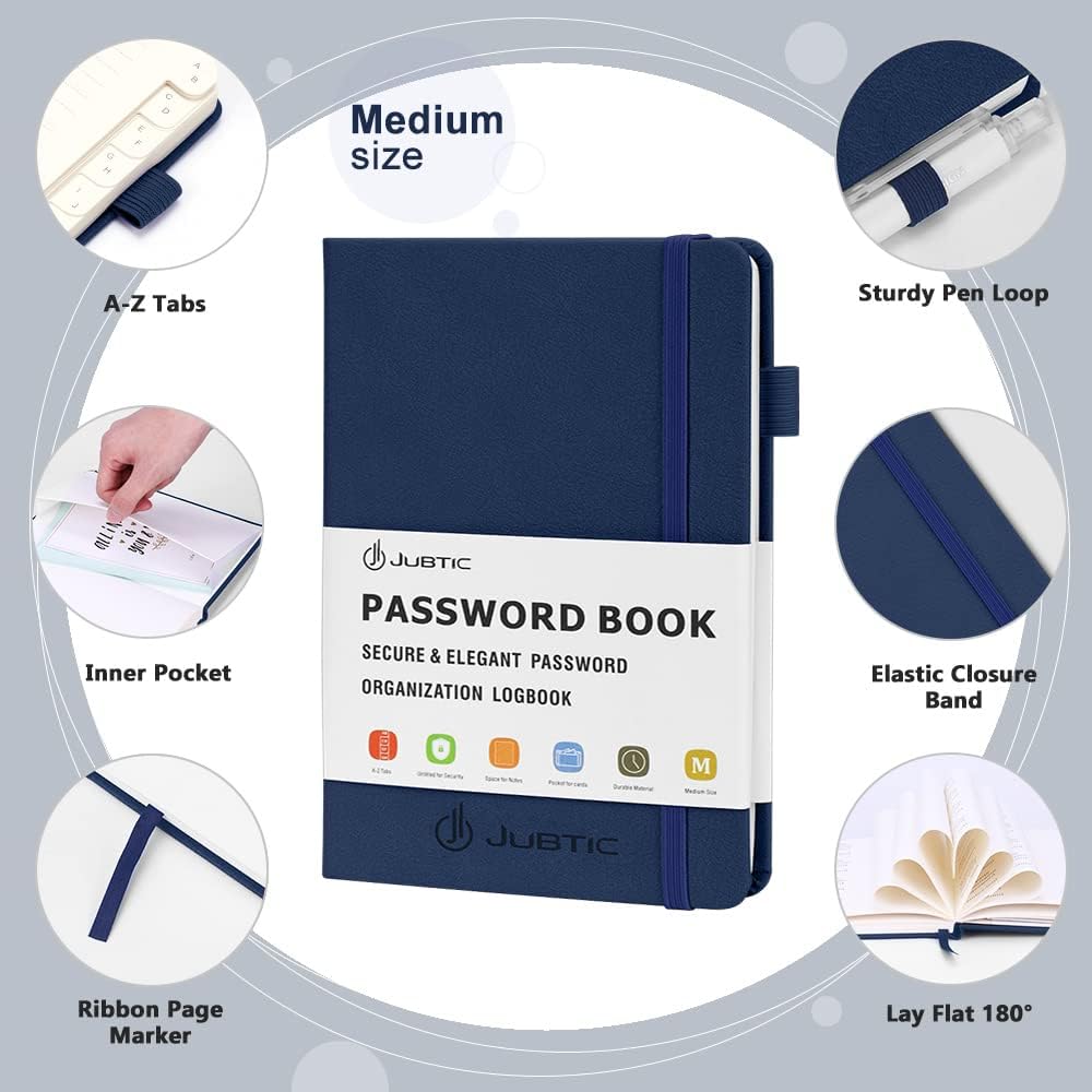 JUBTIC Password Keeper Book with Alphabetical Tabs. Medium Size Password Book for Seniors, Internet Website Address Log in Detail. Hardcover Password Notebook for Home Office, Navy Blue