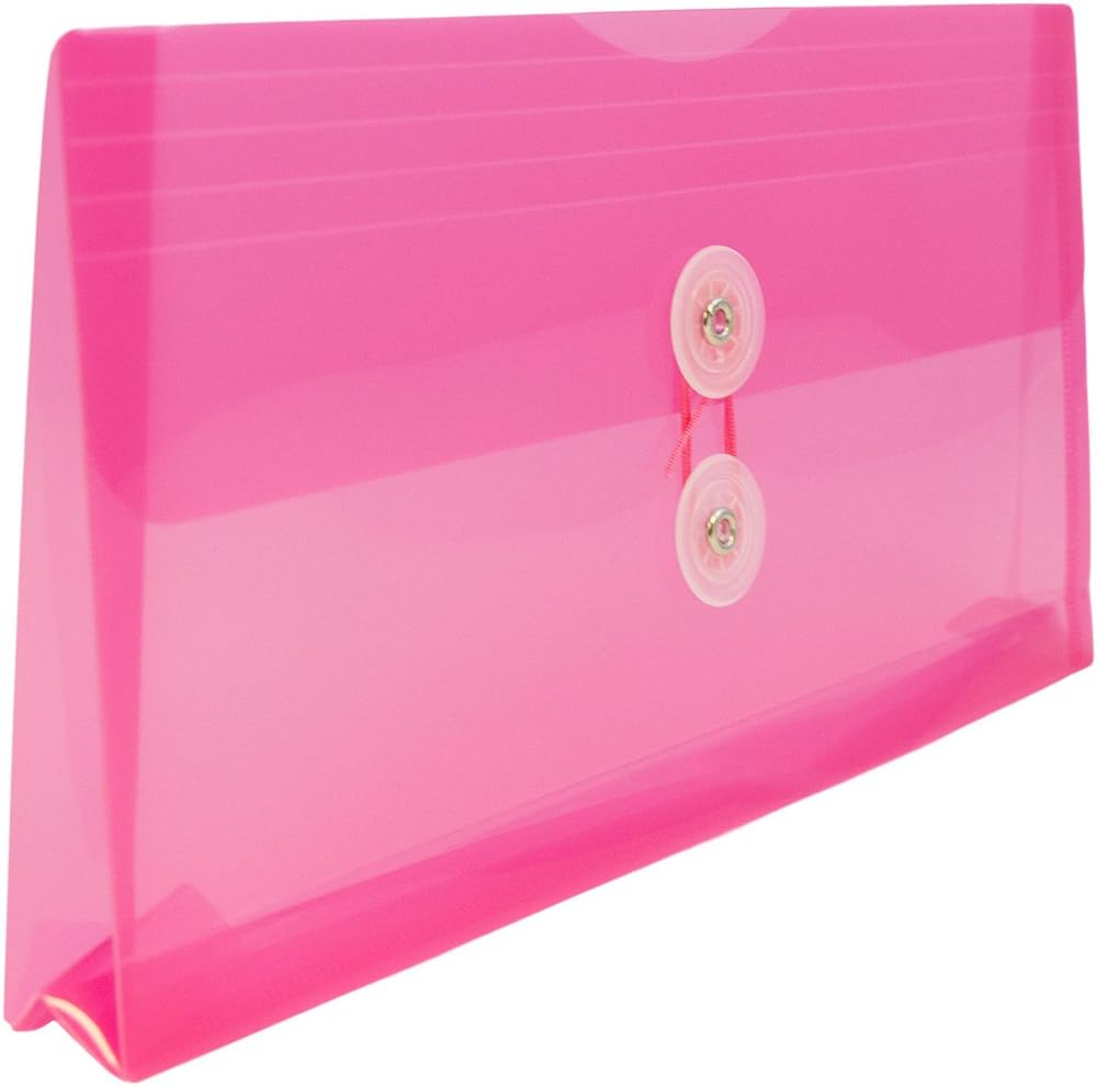 JAM PAPER Plastic Envelopes with Button & String Tie Closure - #10 Business Booklet - 5 1/4 x 10 - Fuchsia Pink - 12/Pack