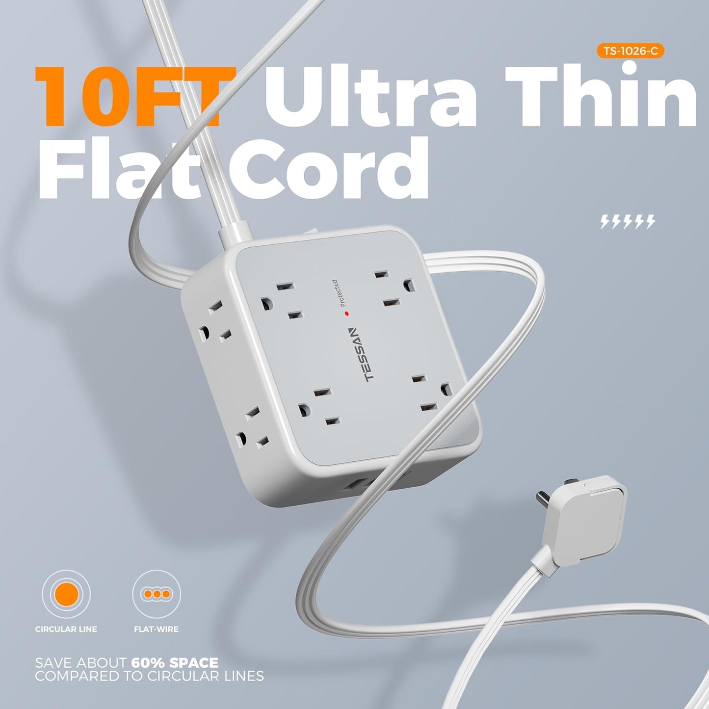 Surge Protector Power Strip Flat Plug, TESSAN Long Extension Cord 10 FT with 8 Outlets, 3 USB Ports(1 USB C), 3-Sided Outlet Extender, 900 Joules Protection, Desk Charging Station for Home, Office