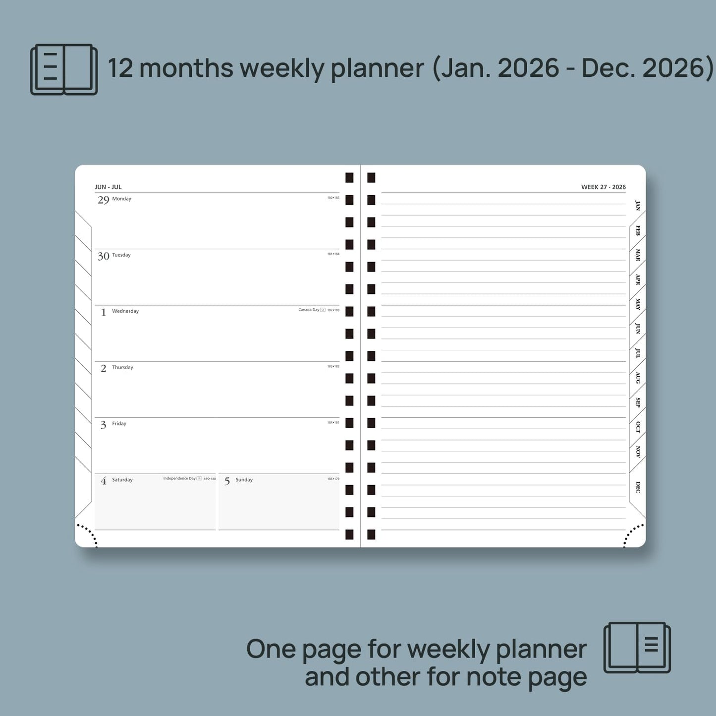 POPRUN 2026 Planner Weekly Notebook (Jan-Dec), Medium 8.5''x 6.5'' - Agenda 2026 Calendar Book with Monthly Tabs, Inner Pocket, Spiral Soft Cover, 100 GSM - Lilac
