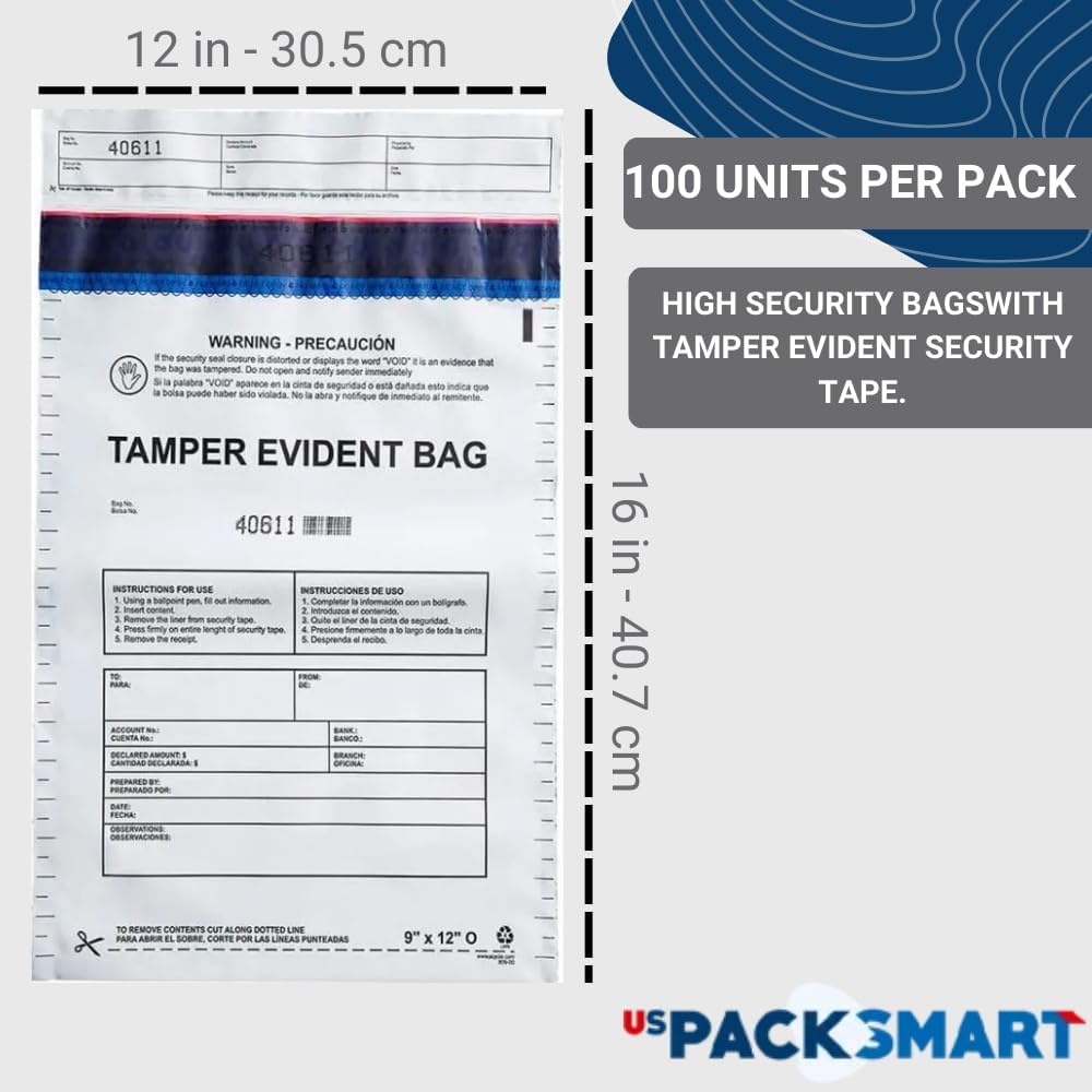 12"x16" Clear Plastic Deposit Bags with Security Tape Tamper Evident - Secure Bank Deposits, Cash Handling, & Currency Transport | Self-Sealing Tape with Hidden Graphics | 100-Pack