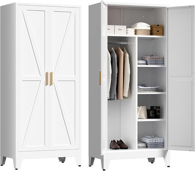 71" Tall Metal Wardrobe Closet with Adjustable Shelves and Hanging Rod, 2 Doors Office Storage Locker Cabinet for Home, Office, Bedroom, Laundry Room, White