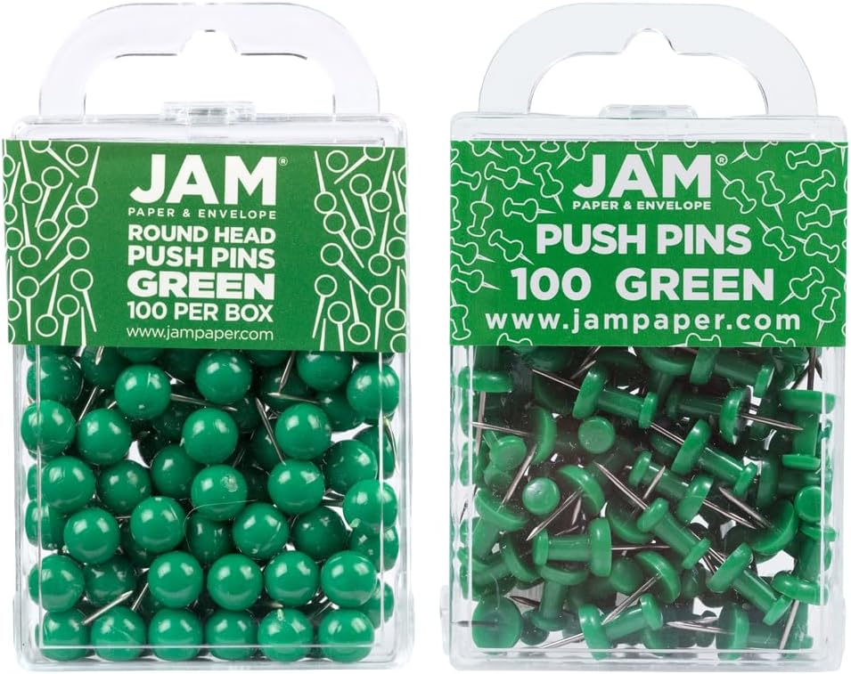 JAM PAPER Colorful Push Pins - Flat & Round Head Thumb Tack Combo Set - Green Pushpins - 200/Pack