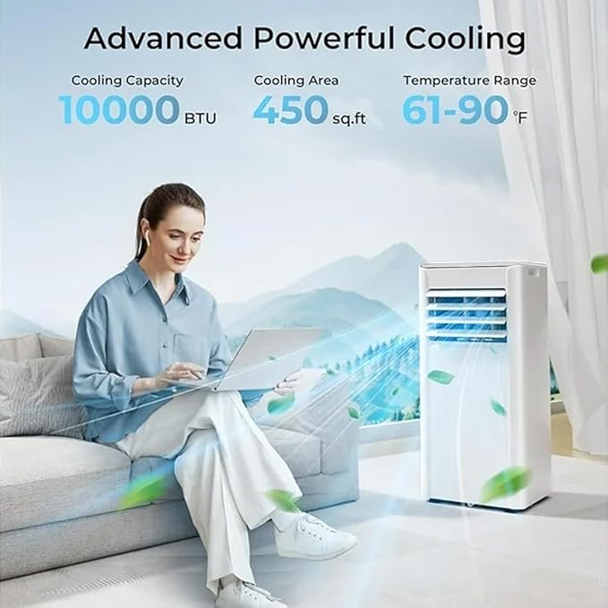 Portable Air Conditioner 10000 BTU (ASHRAE), 3-in-1 Mode AC Cools Up to 450 Sq. Ft., LED Display & Remote Control, 24H Timer, AC Unit with Window Kits for Bedroom,Dorm,Office(White)