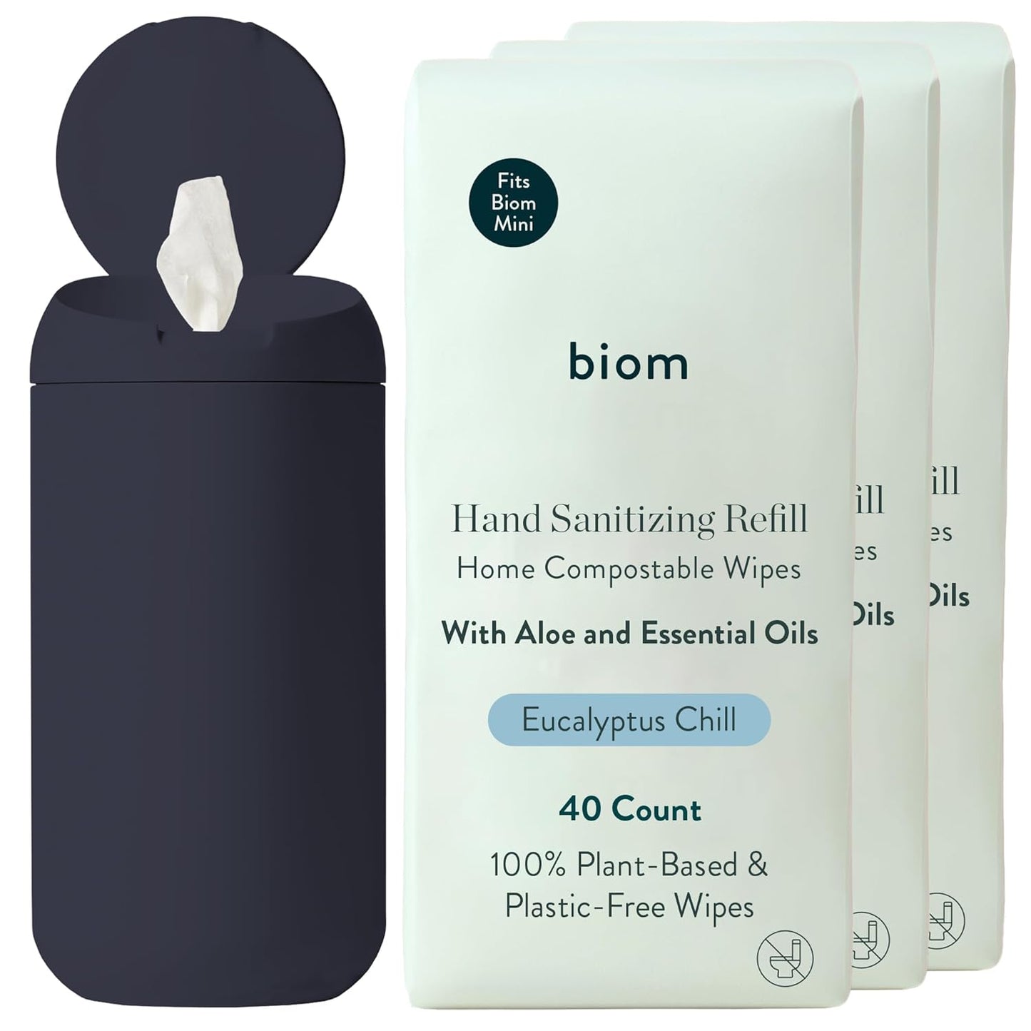 Biom Mini Dispenser + Hand Sanitizing Wipes Starter Kit - Eucalyptus Scented, Biodegradable, Kid-Safe | Fits in Cup Holder | All Natural, Plant-Based Non-Toxic Wipes with Aloe for Soft Skin (Midnight)