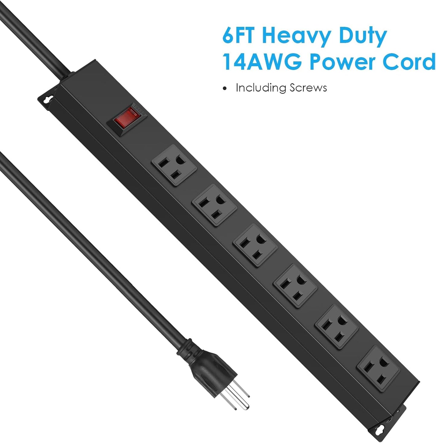 2Pack Metal Wall Mount Power Strip, Mountable Power Outlet with 6 AC Outlets, Aluminum Alloy Mount Power Socket with Switch, 6 FT SJT 3/C 14AWG Power Cord, 15A 125V 1875W (6AC)