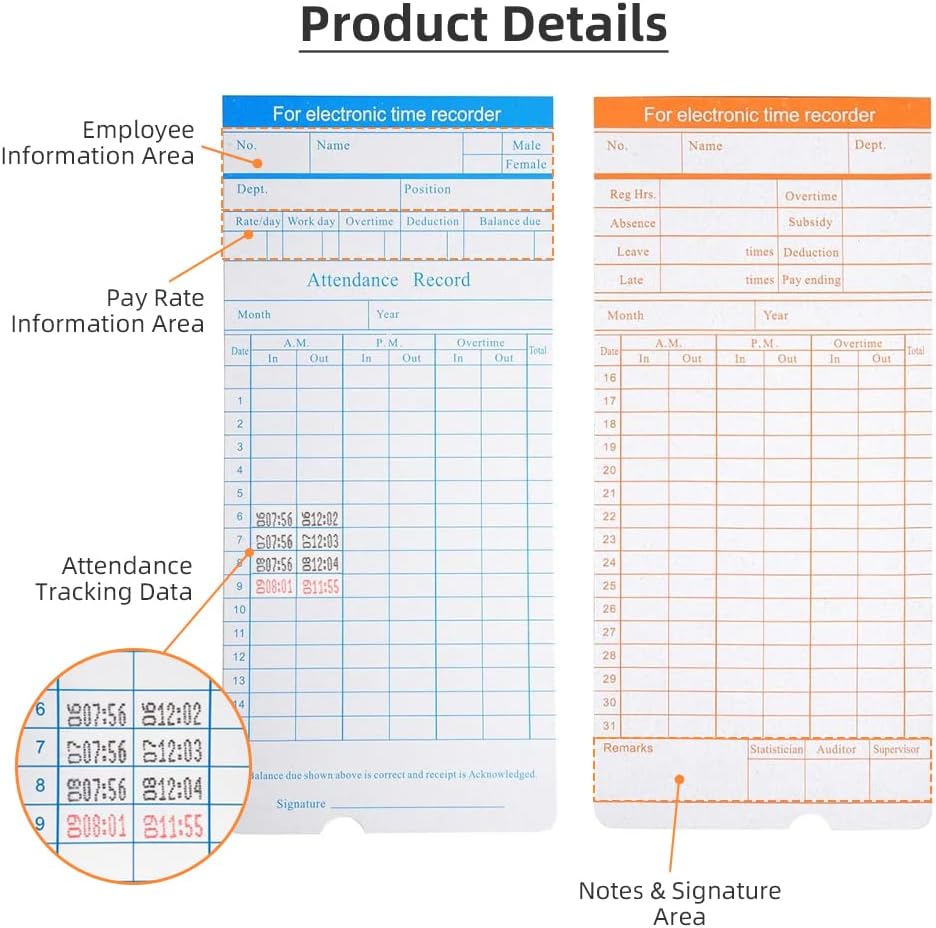 100-Piece Time Cards for Employees, Monthly Time Cards 2-Sided, 2-Color Timecards for Time Clocks, Blue/Orange Print, 7-3/8 x 3-3/8 Inch