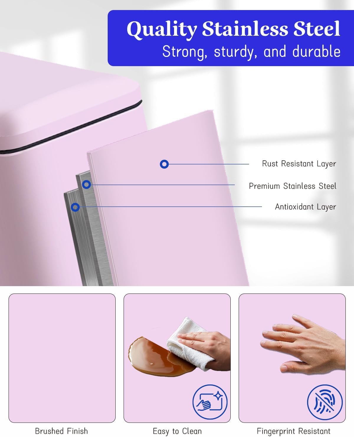 Rubbish Bin with Lid, 10 L, Stainless Steel Bathroom Waste Bin, Small Waste Bin, Pedal Bin, Stainless Steel for Bathroom, Bedroom and Office, Pink