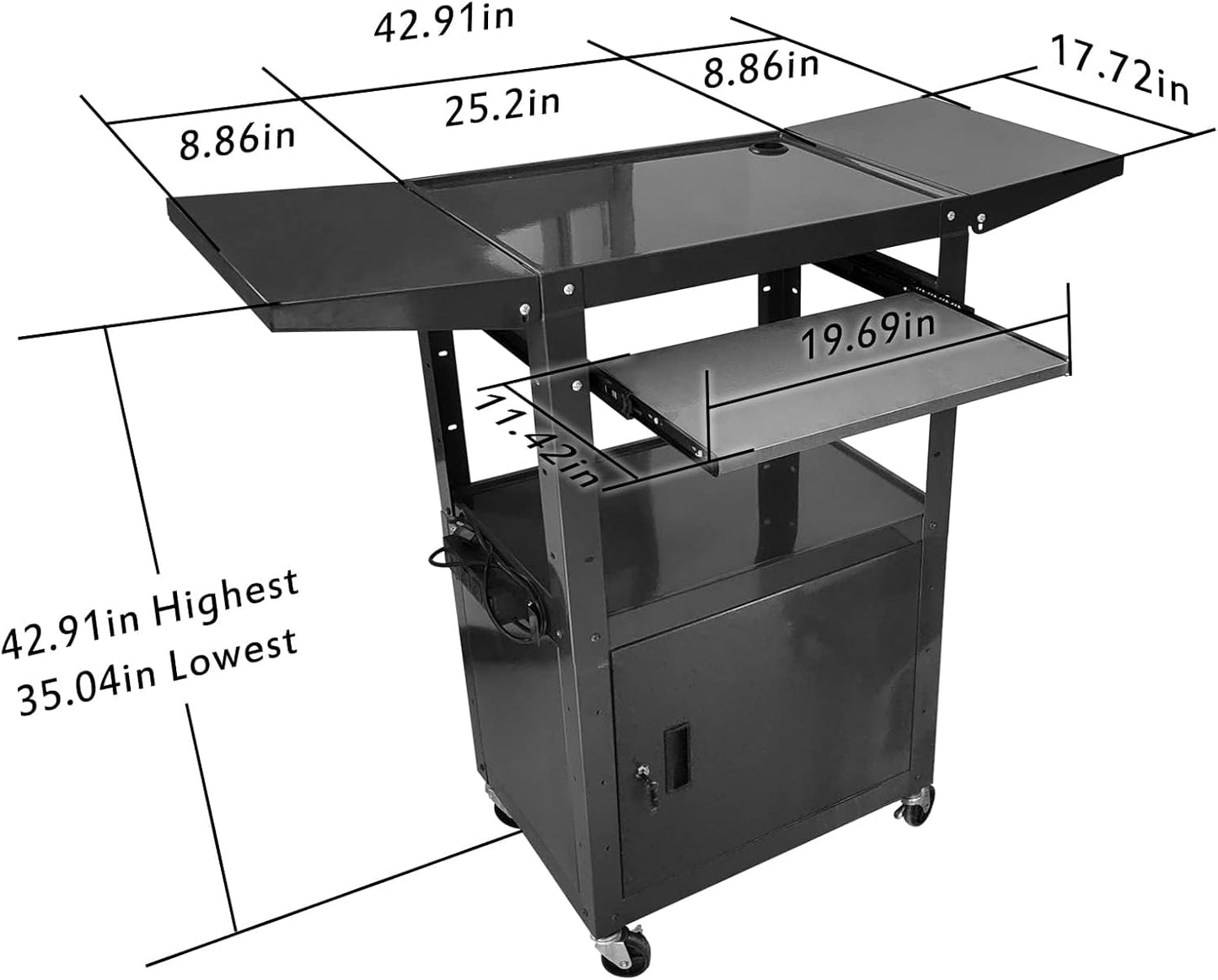 AV Cart with Locking Cabinet and Keyboard Tray Height Adjustable Utility Cart with Extra Storage,Computer Cart with Wheels and Power Strip for Presentations Office Holds 300 Lbs(Black/43”x18”x43”)