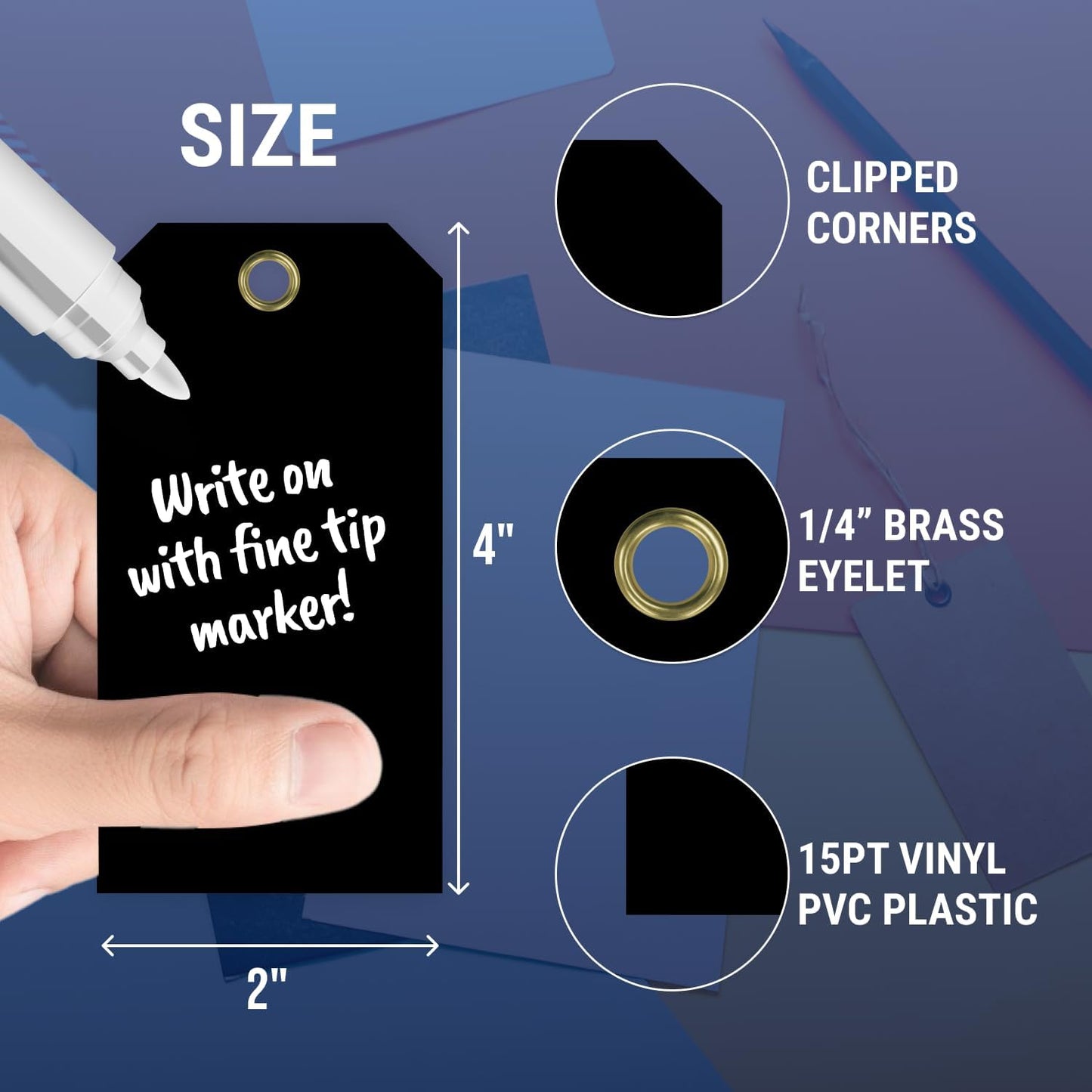 Tags 4 Less 15 Mil Waterproof Plastic Tags, Pack of 100 – 2” x 4” Heavy Duty Plastic Tags for Labeling, Outdoor Tagging, Equipment Labeling, Luggage, Valves & More (Black)