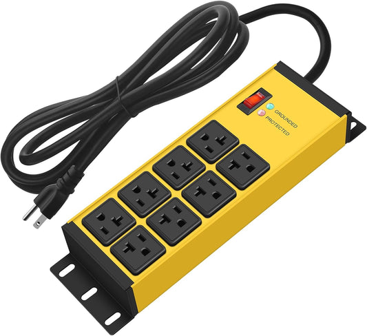 CCCEI Yellow Heavy Duty Power Strip Surge Protector 20 AMP, 8 Outlets 12 Gauge Industrial Shop Garage Metal Multiple Outlets, 12 FT Extension Cord 5-15P Adapter High Amp 6-20R T-Slot 20a for Appliance