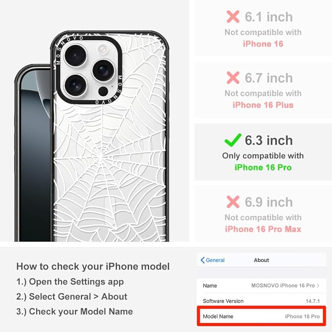 MOSNOVO Magnetic Case for iPhone 16 Pro, 10ft Military-Grade Protection, Compatible with Magsafe, Shockproof Phone Case for iPhone 16 Pro - Spider Web - Clear Black